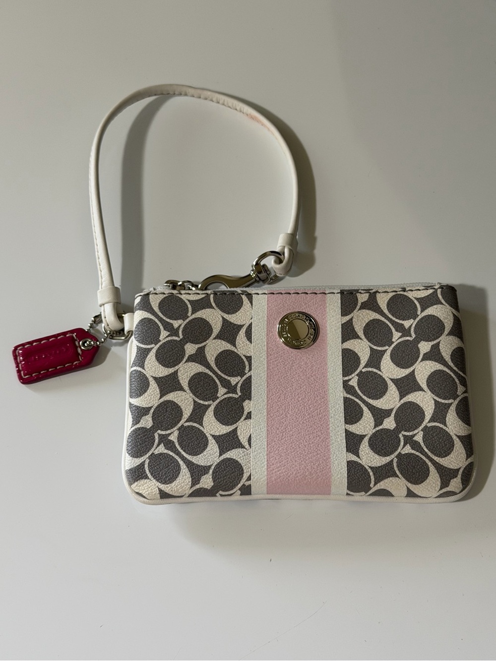 Coach Gray and White Leather Wristlet with Pink Accents